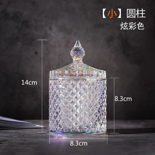 Crystal Glass Jar European-style Diamond Pattern Candy Storage Box Cotton Swab Box Sealed Jar Living Room Home Furnishings