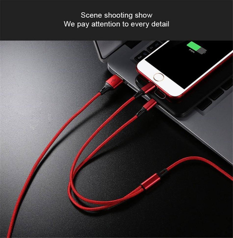 3 in 1 Phone Charger - black / Main line 30 mm sub line 90 mm / Threaded braided wire rod