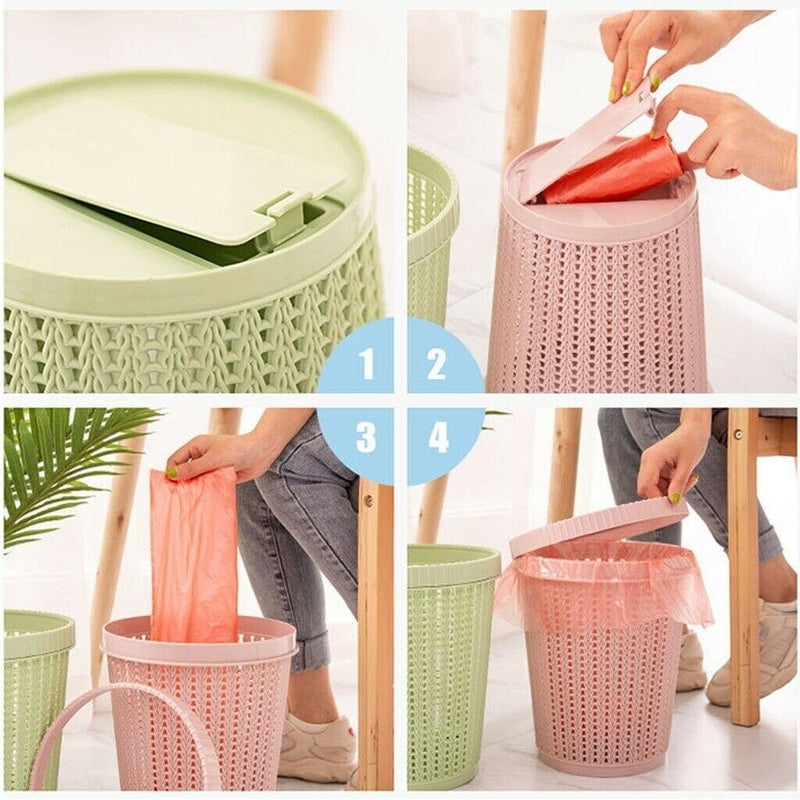 Plastic Waste Bin with Trash Bag Storage Can Modern Garbage Basket Home Kitchen