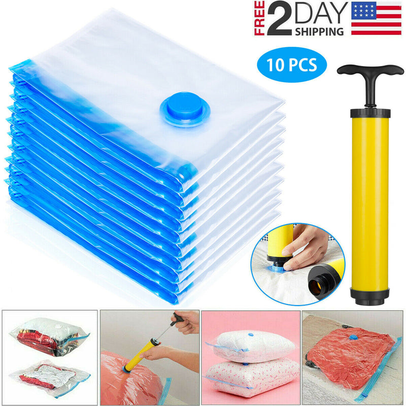 10 x Jumbo Vacuum Storage Bags Travel Space Saver Garment Seal Clothes Hand Pump