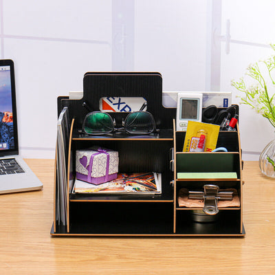 Office Desk Wooden File Organiser Brush Storage Container