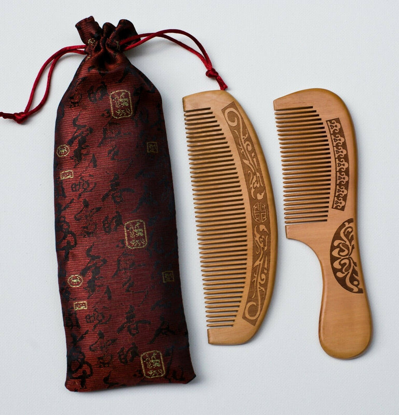 2 PCS Natural Peach Wood Tooth Comb Handmade Anti Static Comb & Pouch Gift Set