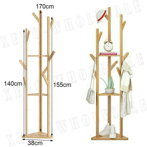 Clothes Garment Coat Rack Stand Wooden Tree Hanger Bag Hat Hook Holder Shelf