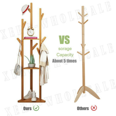 Clothes Garment Coat Rack Stand Wooden Tree Hanger Bag Hat Hook Holder Shelf