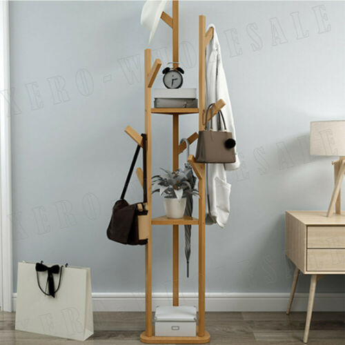 Clothes Garment Coat Rack Stand Wooden Tree Hanger Bag Hat Hook Holder Shelf