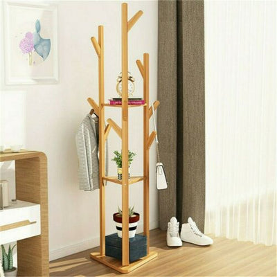 Clothes Garment Coat Rack Stand Wooden Tree Hanger Bag Hat Hook Holder Shelf