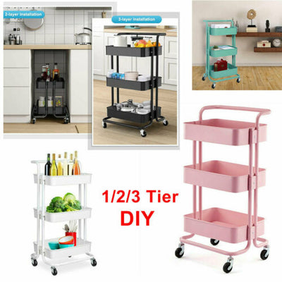 AU Storage Trolley Stand 3 Tier Rack Office Wheel Kitchen Beauty Cart Mesh Shelf