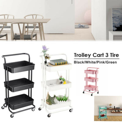 AU Storage Trolley Stand 3 Tier Rack Office Wheel Kitchen Beauty Cart Mesh Shelf