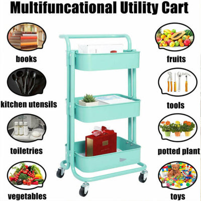 AU Storage Trolley Stand 3 Tier Rack Office Wheel Kitchen Beauty Cart Mesh Shelf