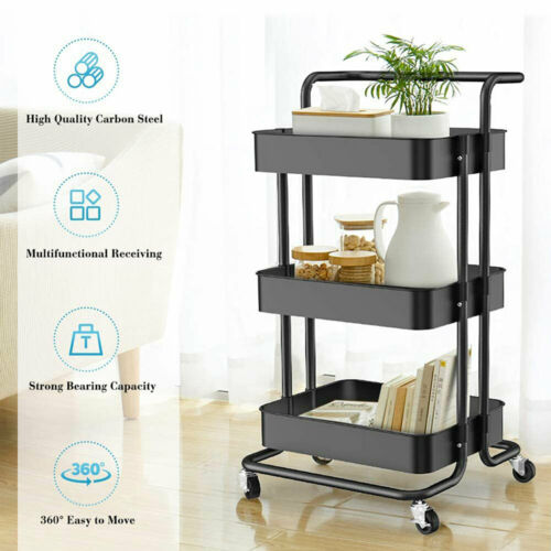 AU Storage Trolley Stand 3 Tier Rack Office Wheel Kitchen Beauty Cart Mesh Shelf