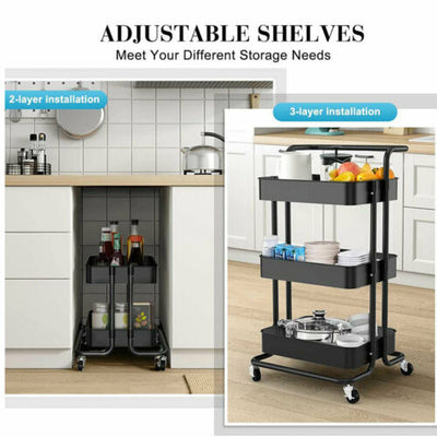 AU Storage Trolley Stand 3 Tier Rack Office Wheel Kitchen Beauty Cart Mesh Shelf