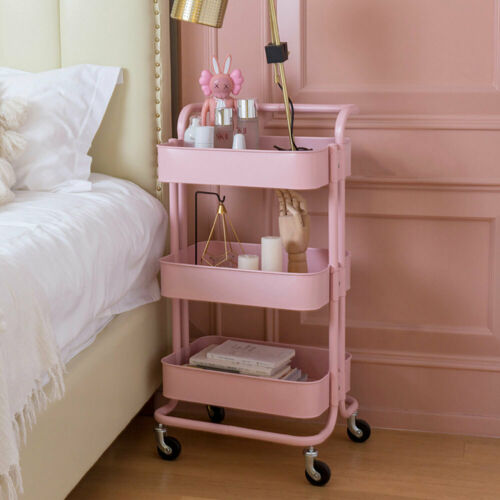 AU Storage Trolley Stand 3 Tier Rack Office Wheel Kitchen Beauty Cart Mesh Shelf