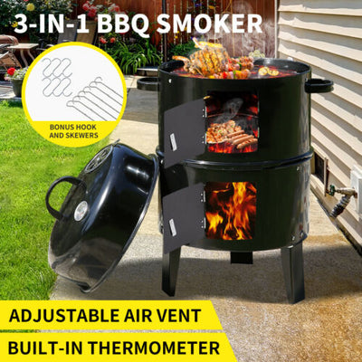 3in1 Portable Charcoal BBQ Vertical Smoker Roaster Grill Steel Water Steamer