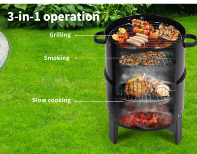 3in1 Portable Charcoal BBQ Vertical Smoker Roaster Grill Steel Water Steamer