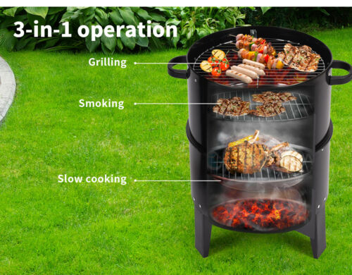 3in1 Portable Charcoal BBQ Vertical Smoker Roaster Grill Steel Water Steamer