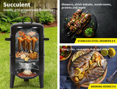 3in1 Portable Charcoal BBQ Vertical Smoker Roaster Grill Steel Water Steamer