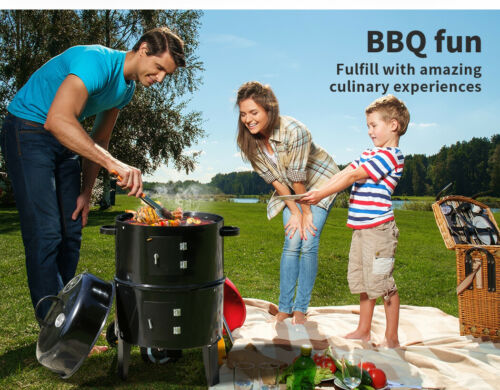 3in1 Portable Charcoal BBQ Vertical Smoker Roaster Grill Steel Water Steamer