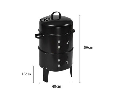 3in1 Portable Charcoal BBQ Vertical Smoker Roaster Grill Steel Water Steamer