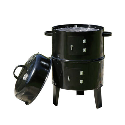 3in1 Portable Charcoal BBQ Vertical Smoker Roaster Grill Steel Water Steamer