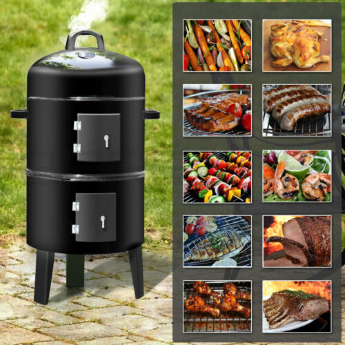 3in1 Portable Charcoal BBQ Vertical Smoker Roaster Grill Steel Water Steamer