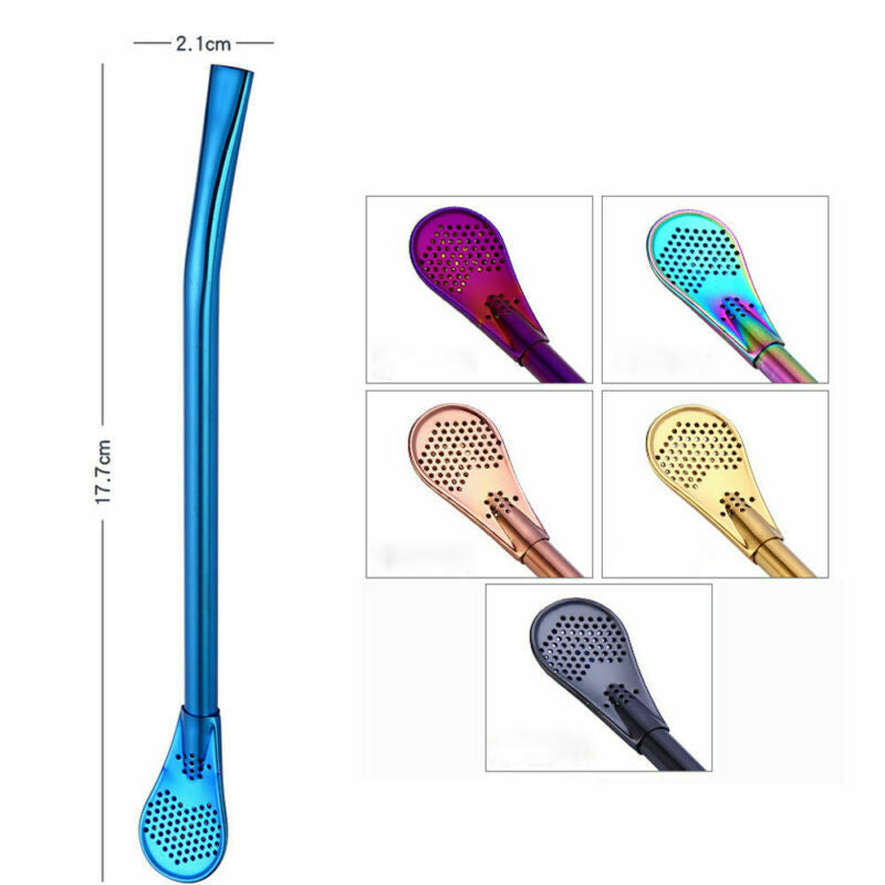 Drinking Straw Spoon Bombilla Stainless Steel Metal Filter Teaspoon